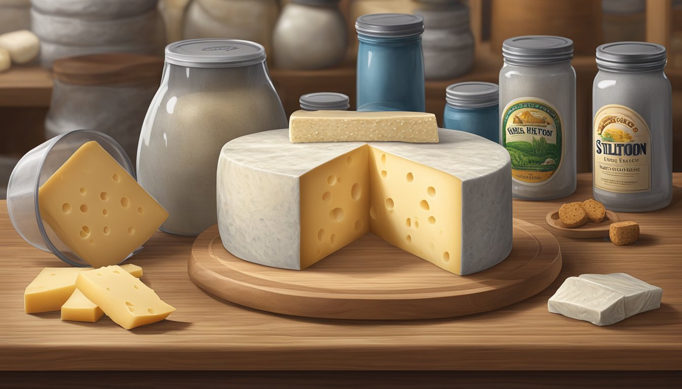 A wheel of Stilton cheese sits on a wooden board, surrounded by a variety of storage containers. The cheese is wrapped in wax paper and placed inside a plastic container with a tight-fitting lid