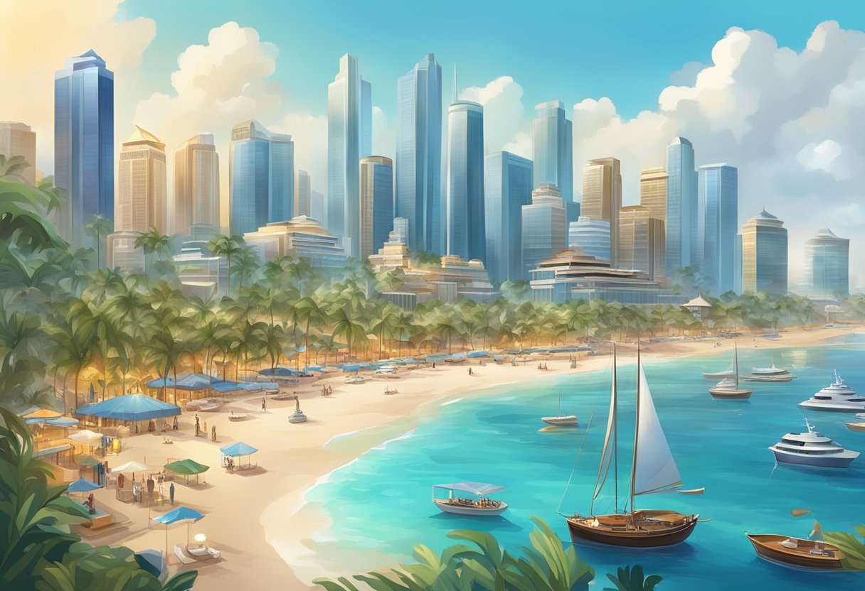 Why dubai is so rich: unveiling the secrets behind its wealth 2 A bustling city skyline with towering skyscrapers, luxurious hotels, and opulent shopping malls surrounded by pristine beaches and a bustling port
