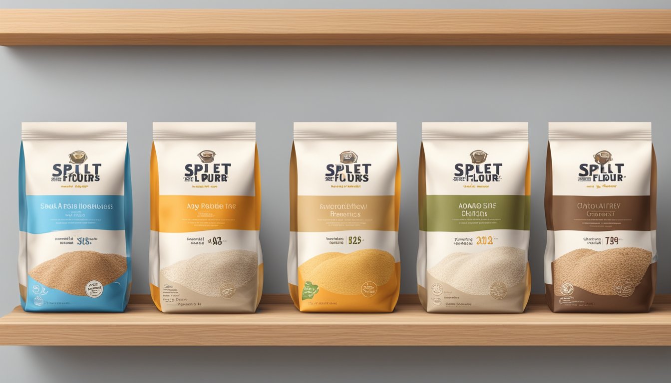 A variety of spelt flour bags arranged on a wooden shelf, with different expiration dates printed on the packaging