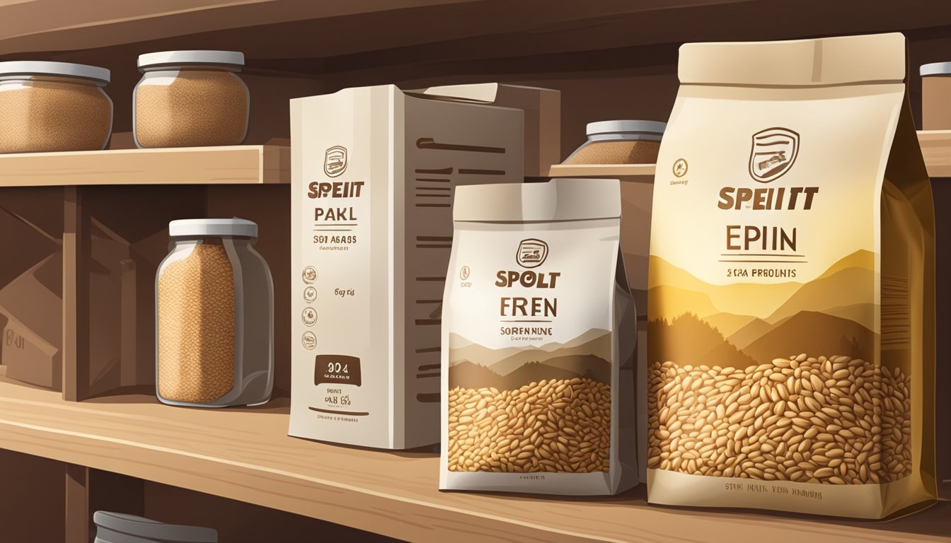 A bag of spelt grains sits on a pantry shelf, with a clear expiration date printed on the packaging