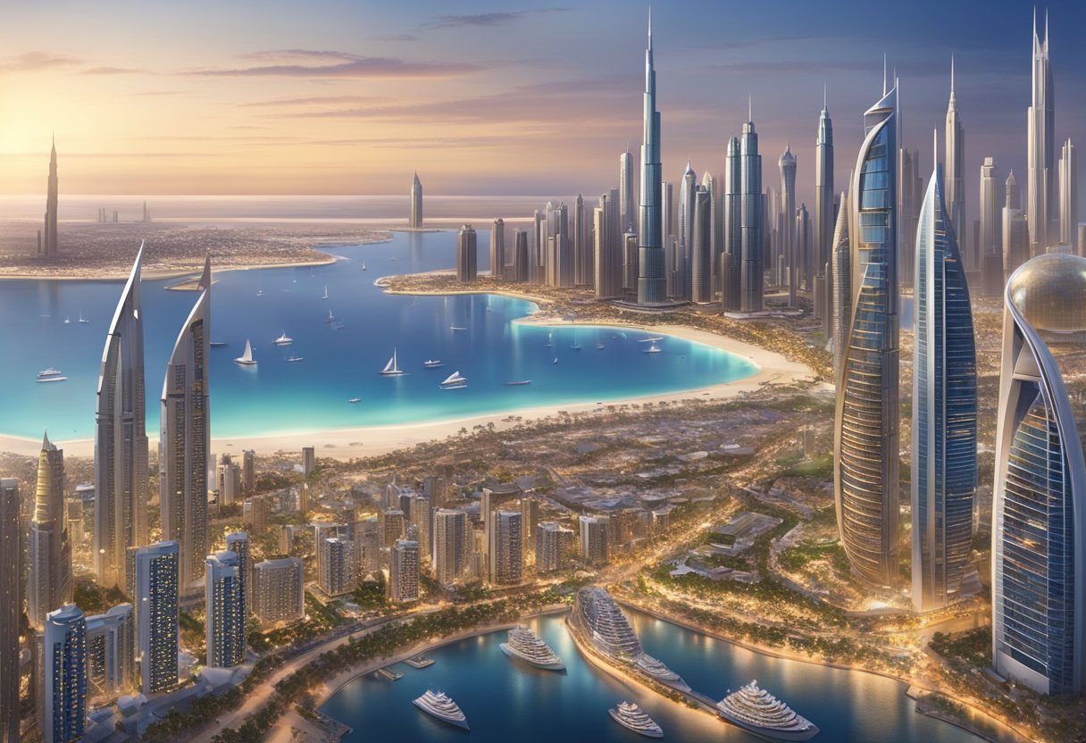 Why dubai is so rich: unveiling the secrets behind its wealth 3 A bustling dubai skyline with towering skyscrapers, luxury hotels, and high-end shopping malls surrounded by a sparkling coastline and opulent yachts