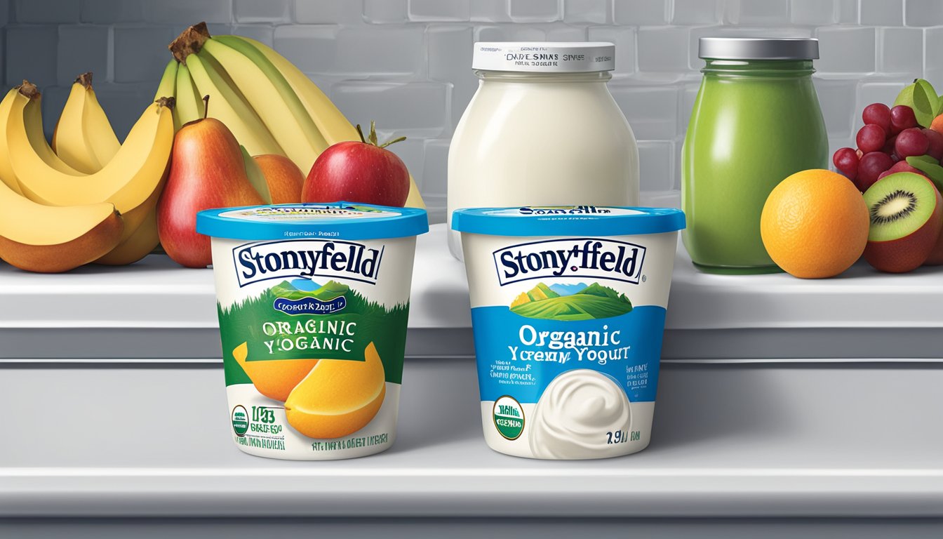 A tub of Stonyfield Organic Smooth & Creamy Yogurt sits in a refrigerator, surrounded by fresh fruit and a calendar showing the current date