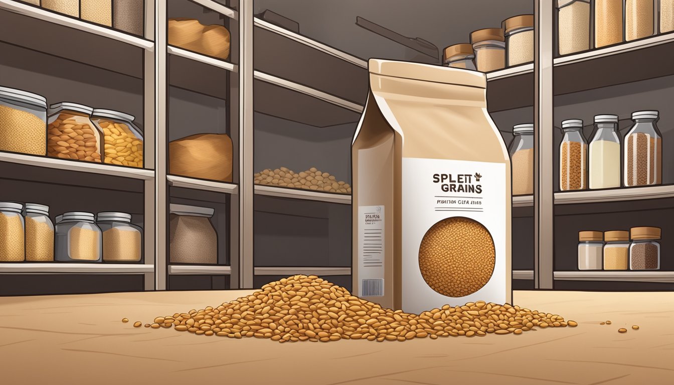 A bag of spelt grains sits on a pantry shelf, surrounded by other grains and dried goods. The packaging is unopened and the grains are dry and intact