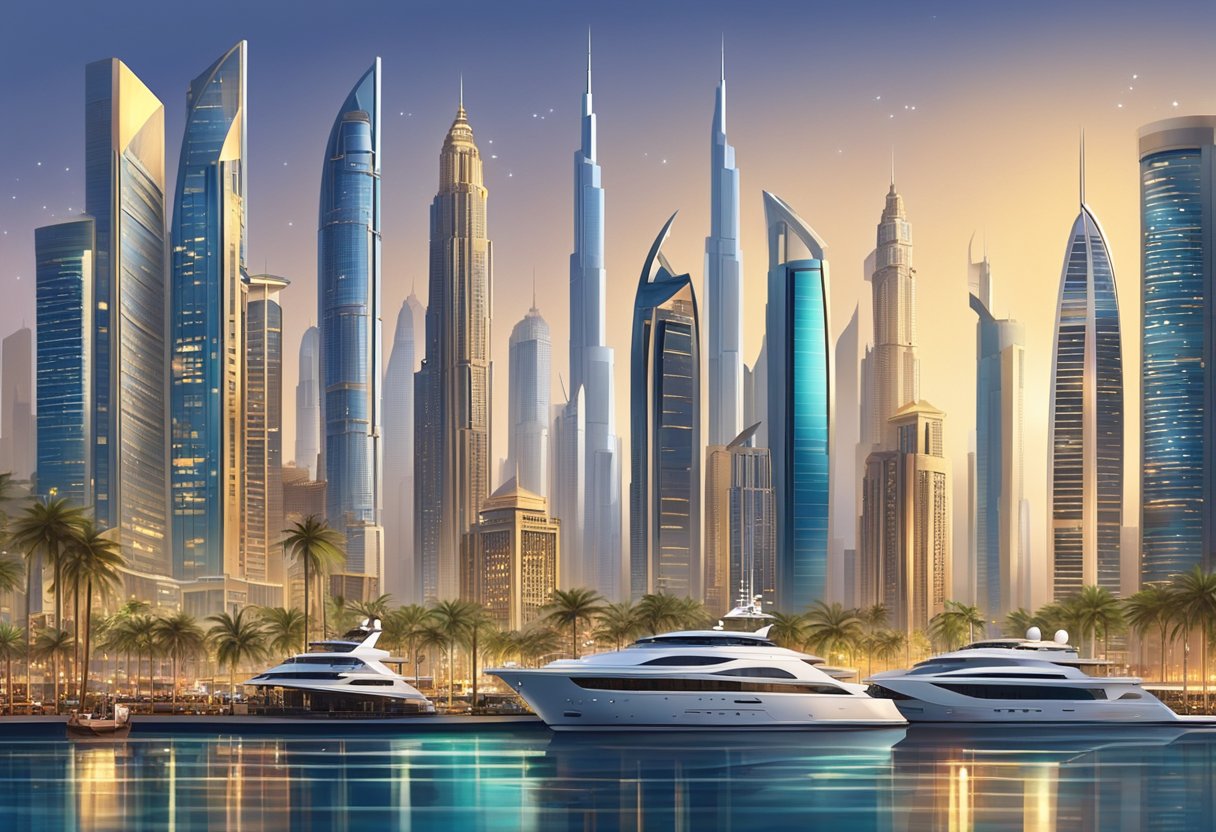 Why dubai is so rich: unveiling the secrets behind its wealth 4 A bustling city skyline with towering skyscrapers, luxury cars, and opulent yachts lining the sparkling waterfront, showcasing dubai's immense wealth and prosperity