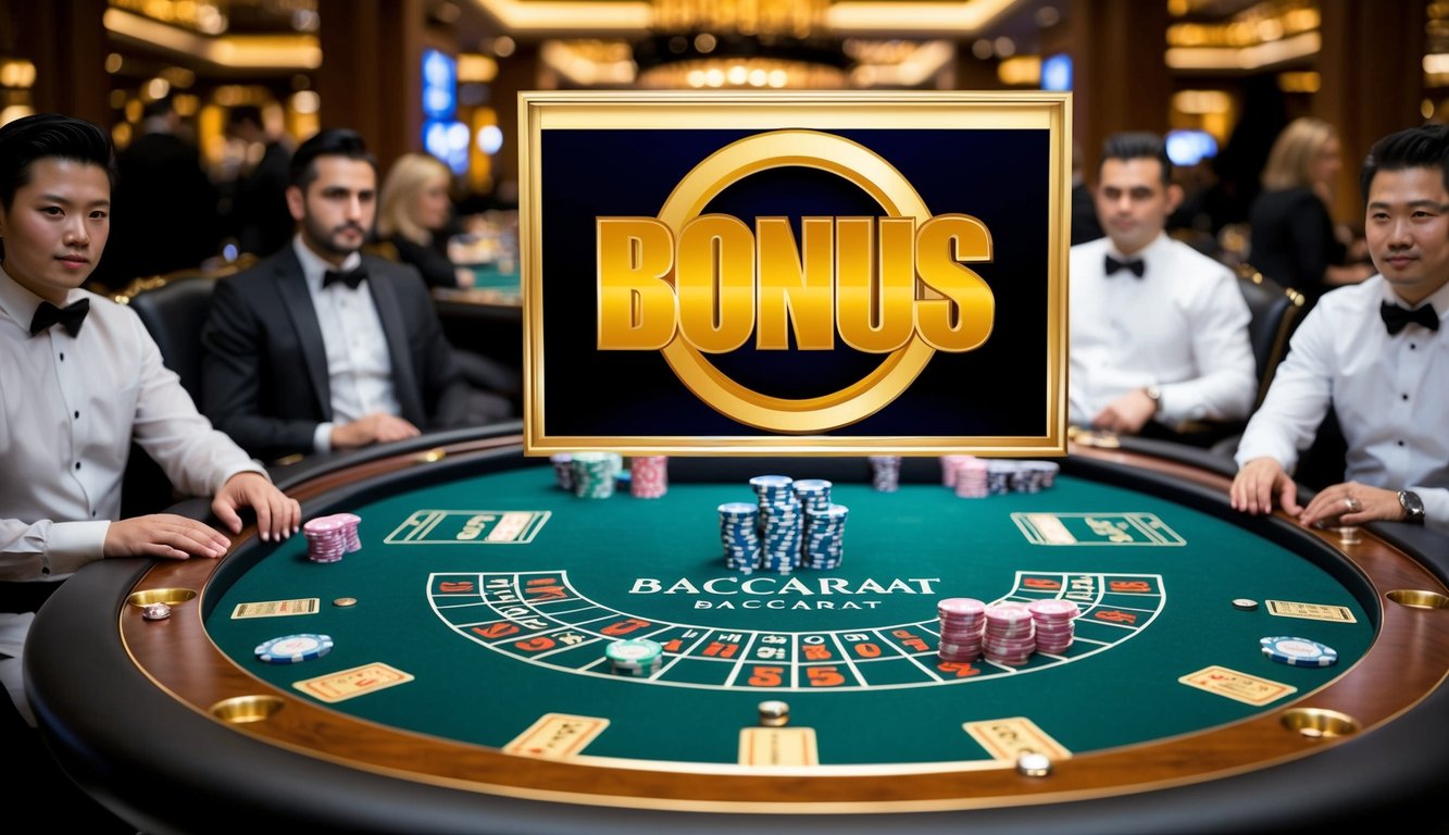 Sebuah meja baccarat mewah dikelilingi oleh pemain bertaruh tinggi, dengan tumpukan chip dan tanda bonus besar yang ditampilkan secara mencolok