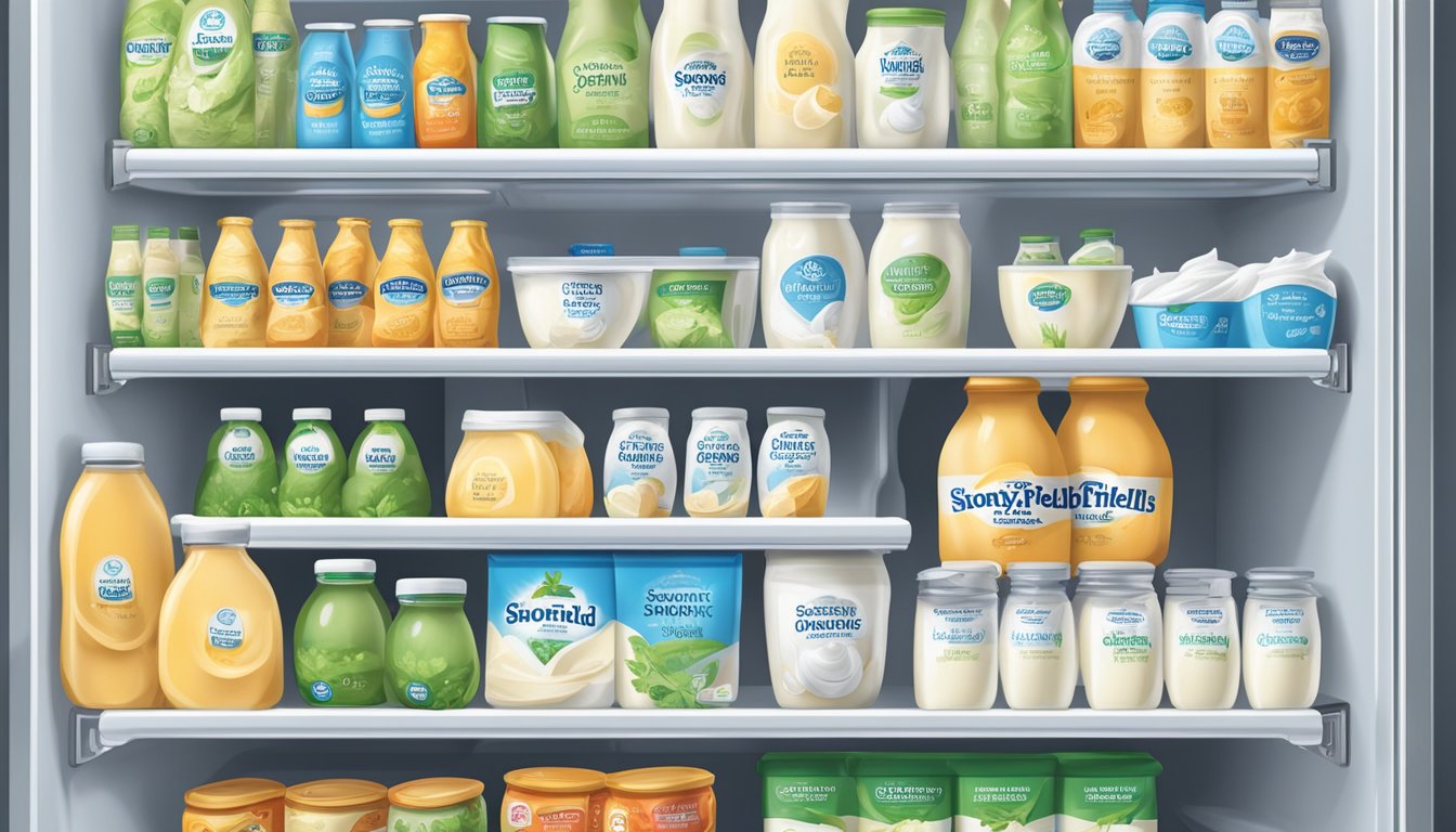 A refrigerator with various dairy products, including Stonyfield Organic Smooth & Creamy Yogurt, neatly organized on the shelves