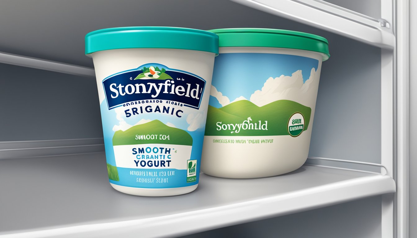 A sealed container of Stonyfield Organic Smooth & Creamy Yogurt sits on a clean, organized refrigerator shelf, with a visible expiration date