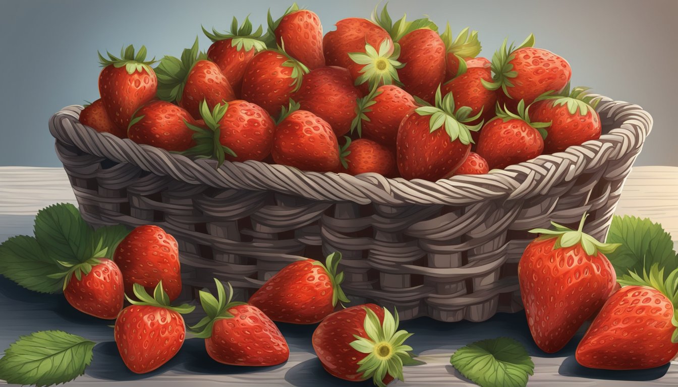 A basket of ripe strawberries with moldy ones in the background