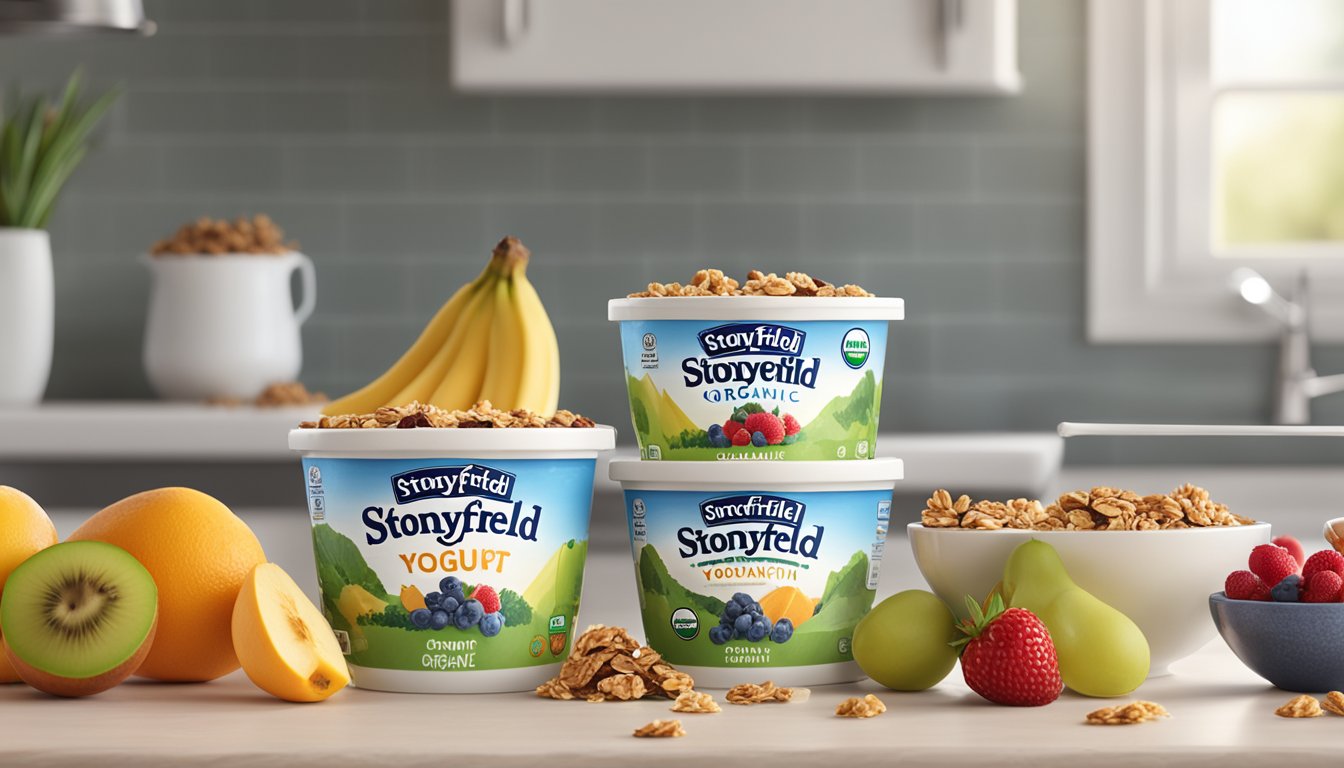 A bowl of Stonyfield Organic Smooth & Creamy Yogurt sits on a kitchen counter, surrounded by fresh fruit and granola