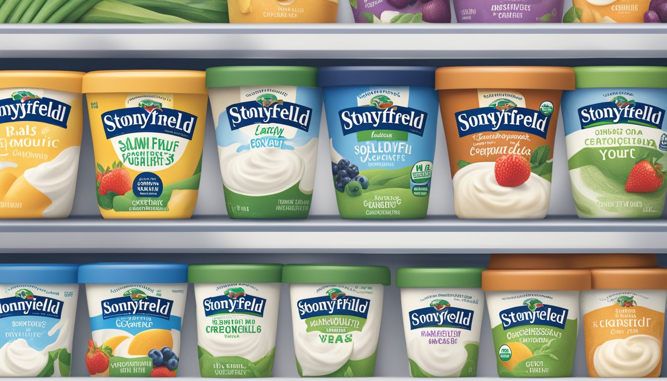 A grocery store shelf displaying various flavors of Stonyfield Organic Smooth & Creamy Yogurt with expiration dates clearly visible