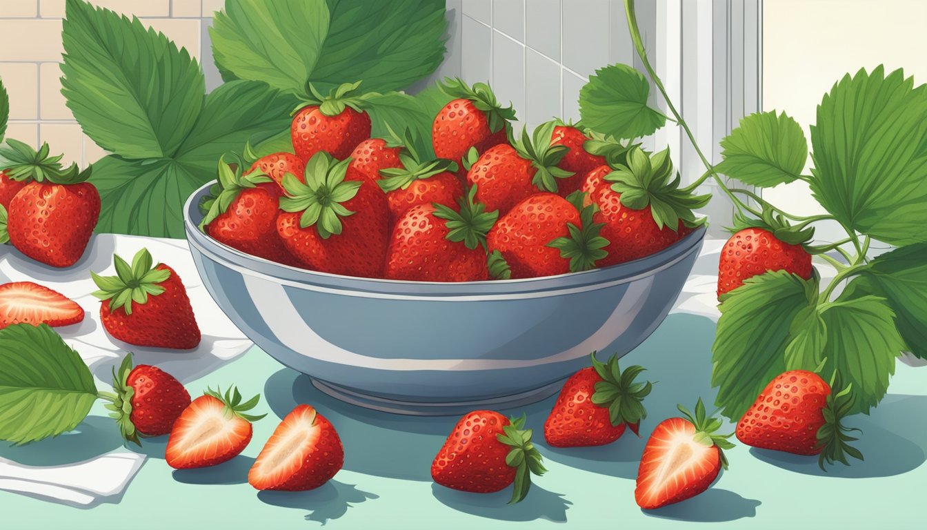 A bowl of ripe strawberries sits on a kitchen counter, surrounded by vibrant green leaves. Some berries are whole, while others have been sliced in half