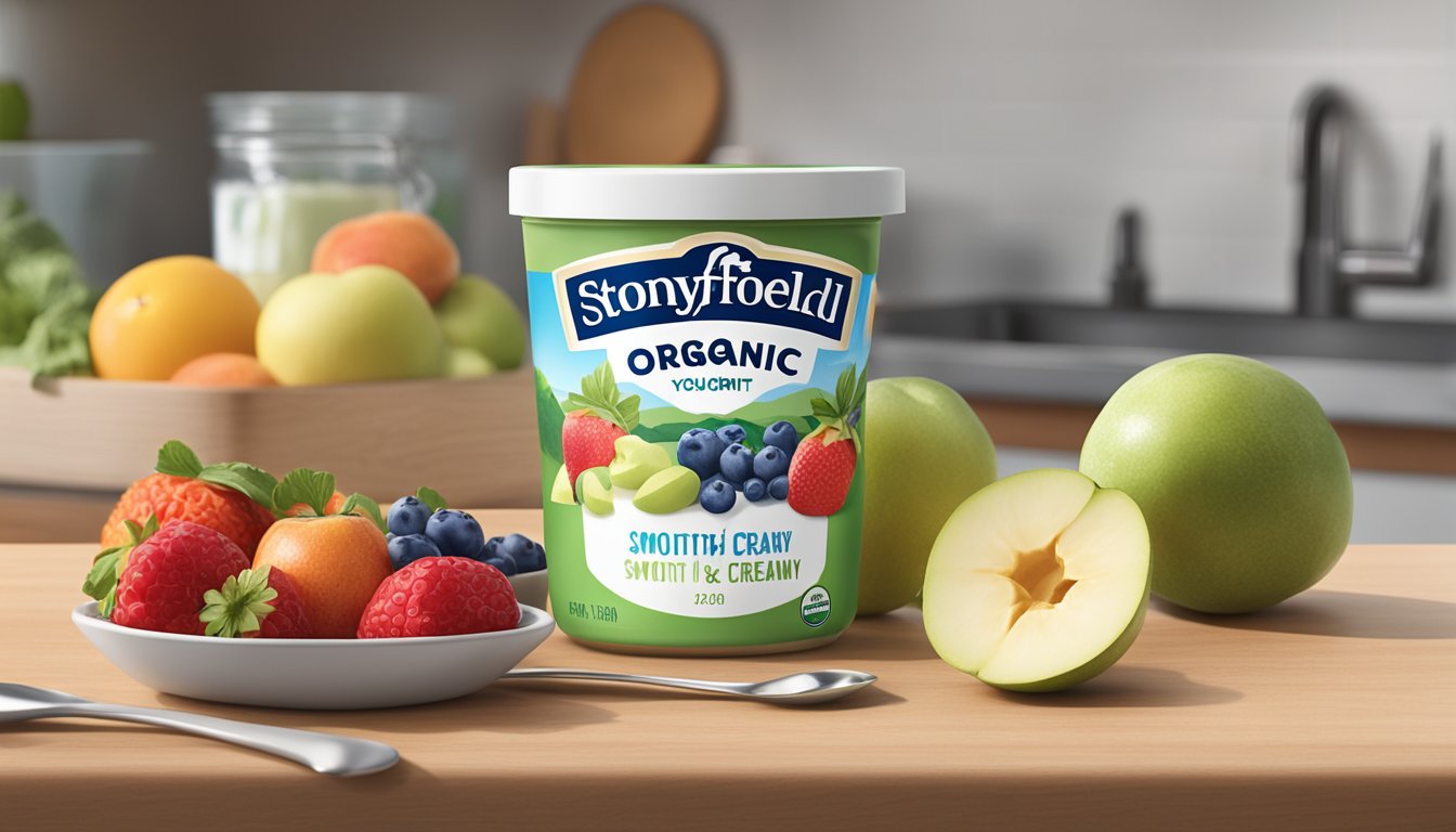 A jar of Stonyfield Organic Smooth & Creamy Yogurt sits on a kitchen counter, surrounded by fresh fruits and a reusable spoon