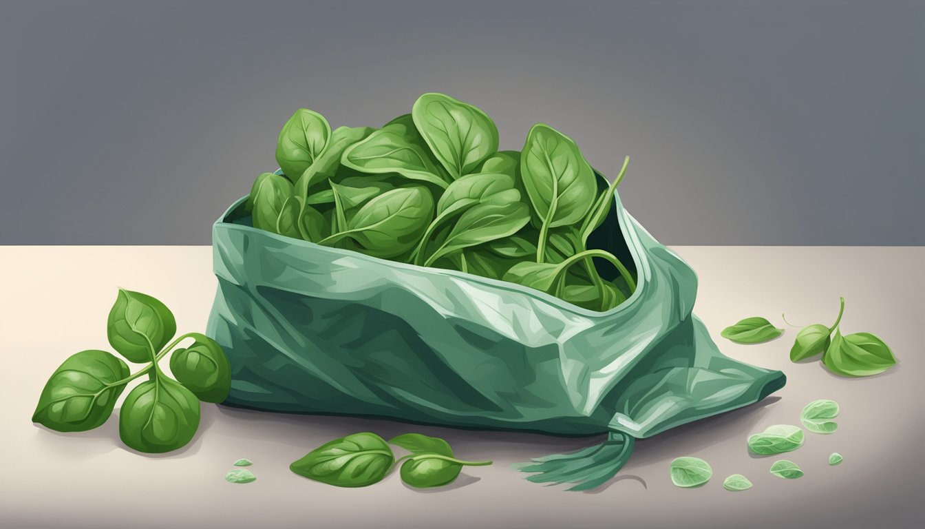 A bag of spinach sits in the refrigerator, with wilted leaves and a slimy texture