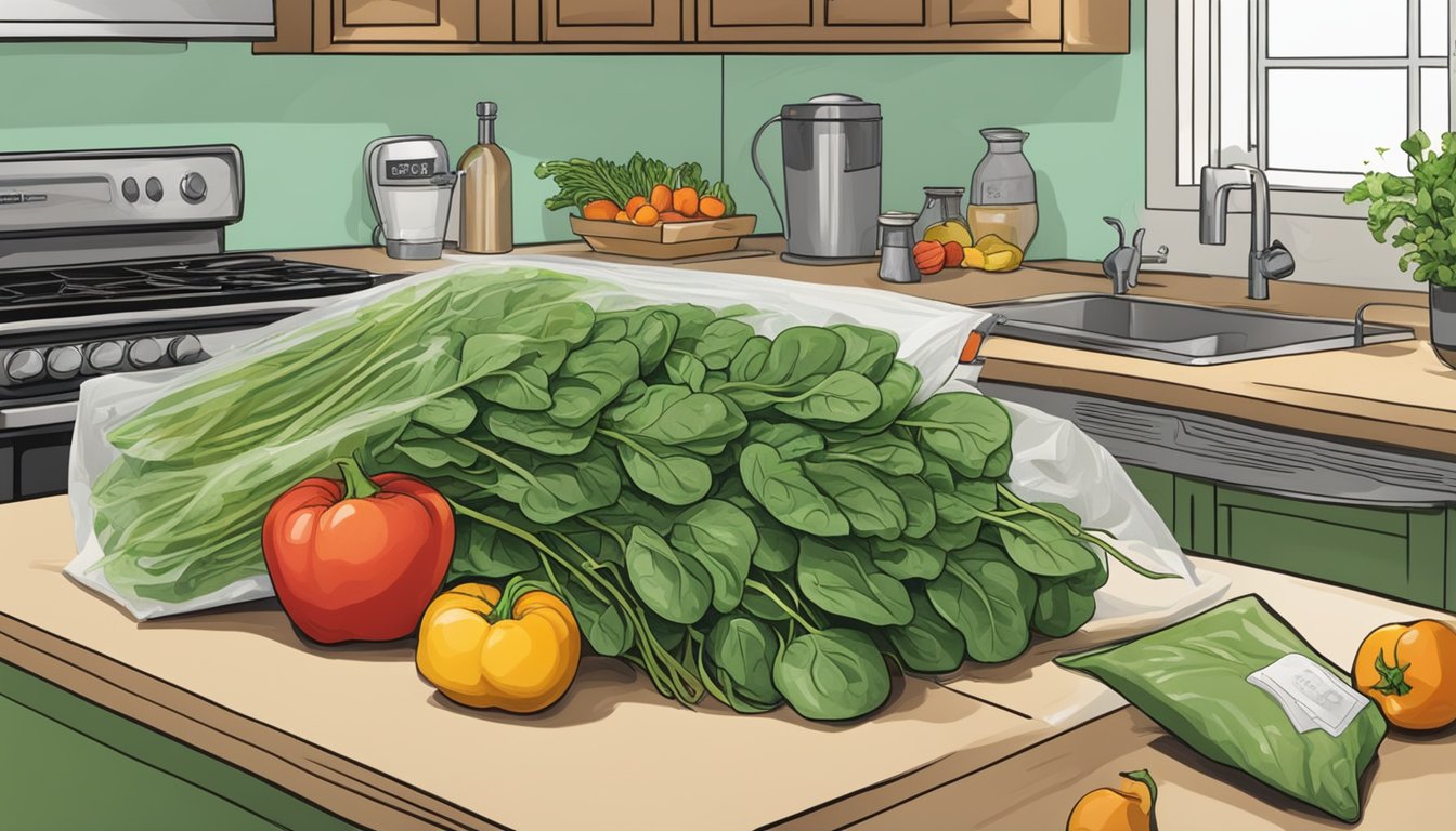 A bag of spinach sits on a kitchen counter, surrounded by other fresh produce. The bag is labeled with a "sell by" date and a note about proper storage