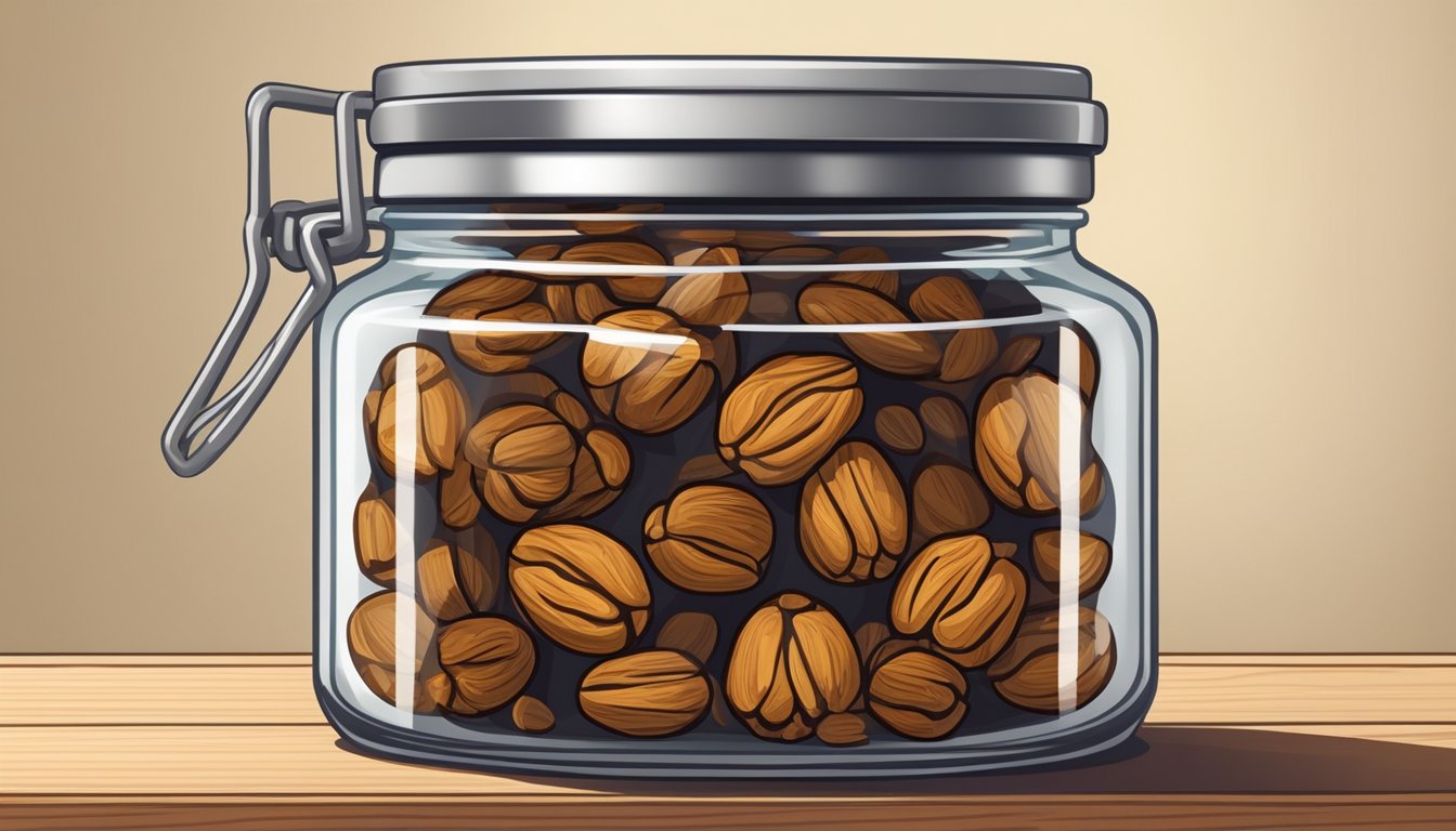 A clear glass jar filled with dried sultanas, sealed with a metal lid, sitting on a wooden pantry shelf