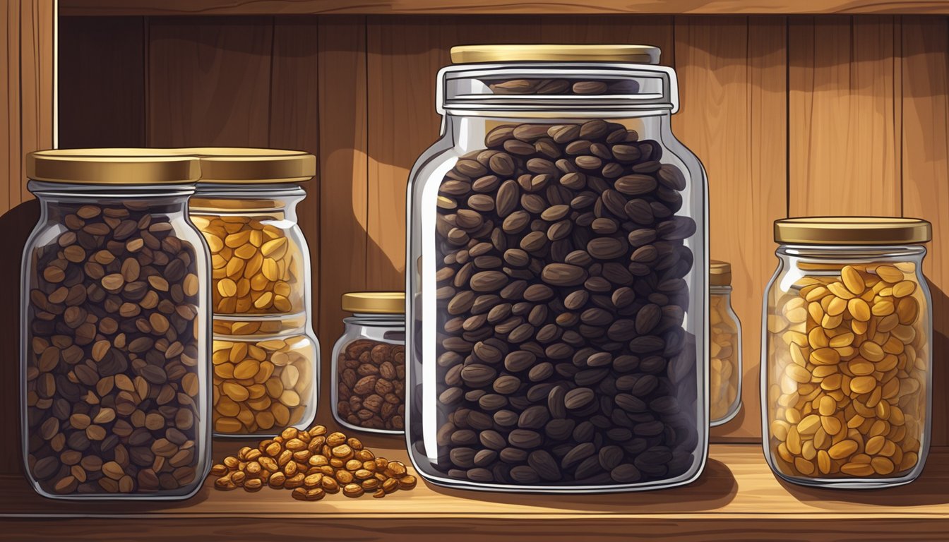 A glass jar filled with dried sultanas sits on a wooden shelf, surrounded by other pantry items. The sultanas are plump and golden in color, with a few scattered on the shelf