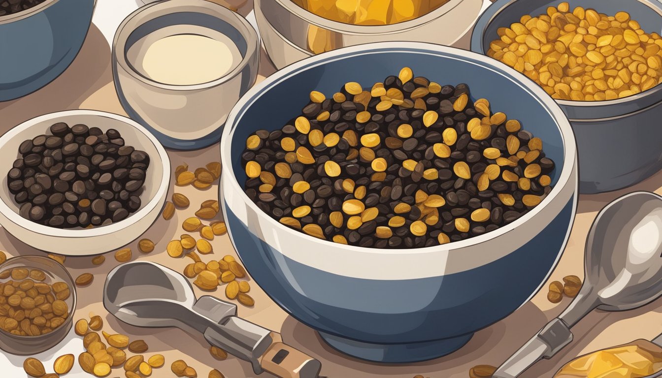 A bowl of sultanas sits on a kitchen counter, surrounded by various cooking utensils and ingredients. The sultanas appear plump and golden in color, with a few scattered on the counter