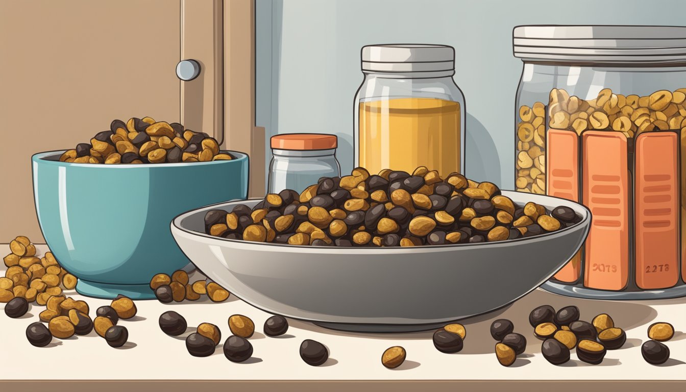 A bowl of sultanas sits on a kitchen counter next to a calendar, with the date circled in red. The sultanas are plump and golden, and a few are spilling out onto the counter