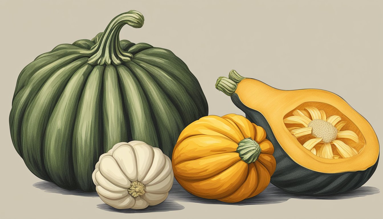 A variety of squash stored in different ways, such as in a cool, dry place or in the refrigerator