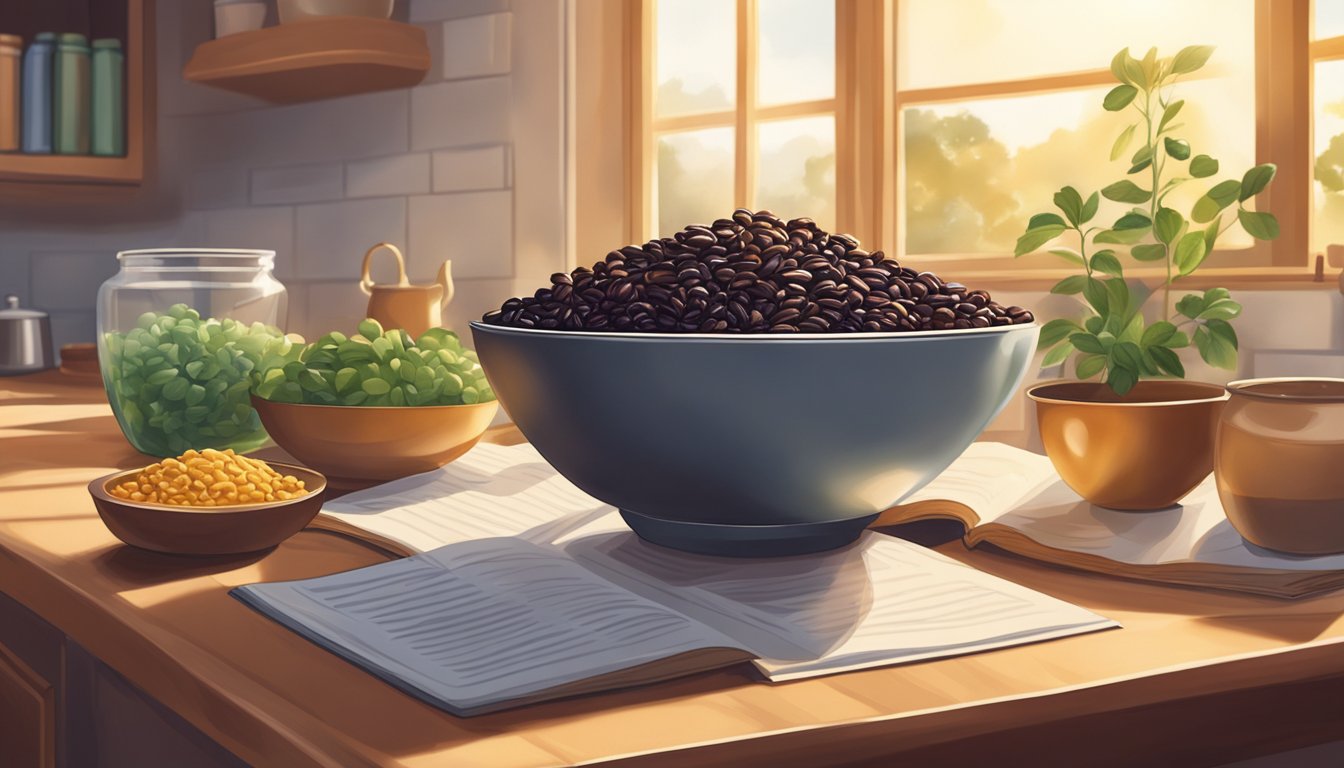 A bowl of sultanas sits on a kitchen counter, surrounded by ingredients and recipe books. Sunlight streams through the window, casting a warm glow on the scene