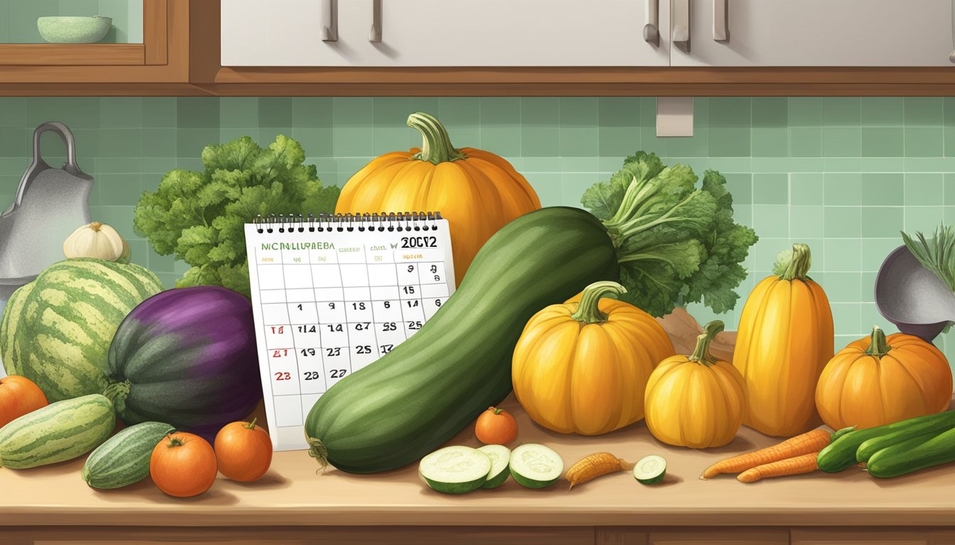 A whole squash sitting on a kitchen counter, surrounded by a variety of fruits and vegetables, with a calendar in the background