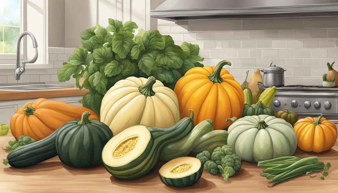 A whole squash sitting on a kitchen counter, surrounded by other fresh produce