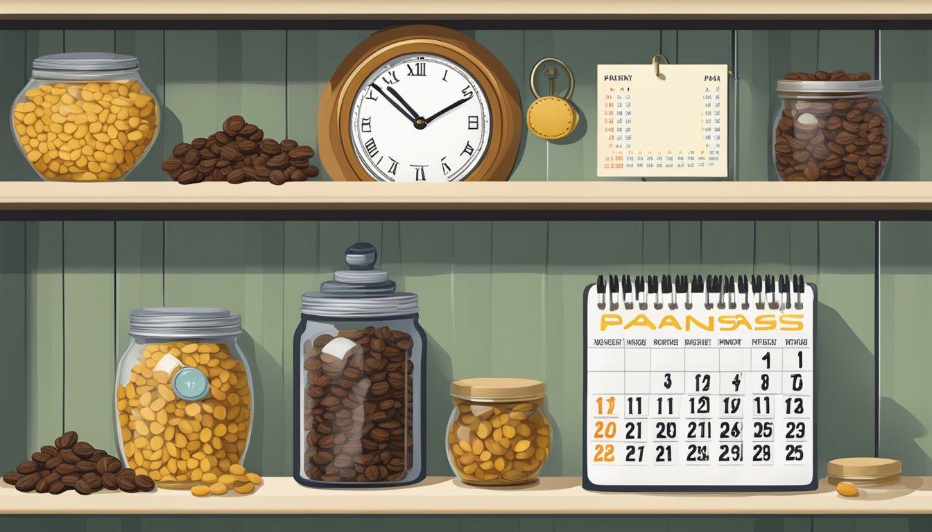 A pantry shelf with a jar of sultanas, a calendar, and a clock showing the passage of time