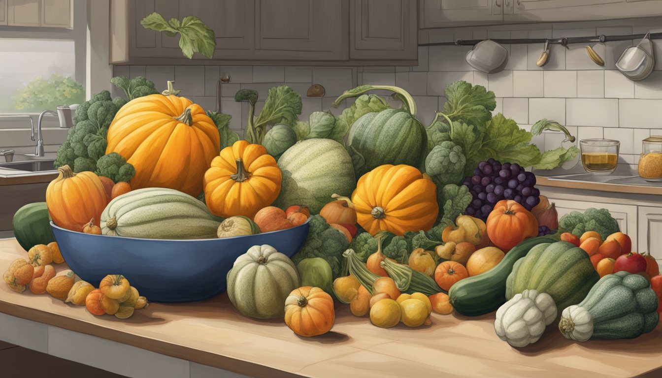 A squash sitting on a kitchen counter, surrounded by various other fruits and vegetables, some of which are starting to show signs of decay