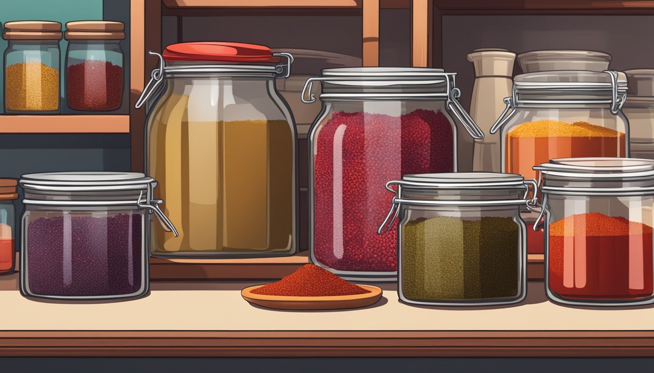 A jar of sumac spice sits on a kitchen shelf, surrounded by other jars and cooking utensils. The vibrant red powder inside the clear glass container catches the light, hinting at its freshness