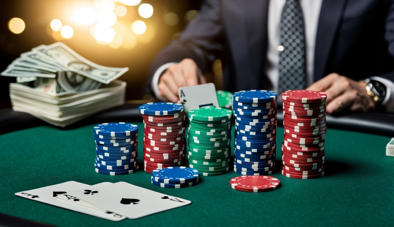 Sekelompok chip poker dan kartu permainan yang disusun di atas meja felt hijau, dengan tombol dealer dan tumpukan uang tunai di latar belakang