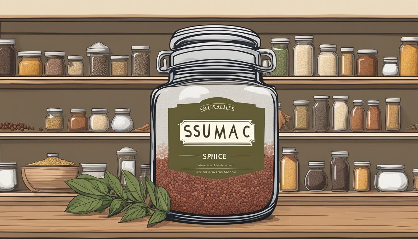 A jar of sumac spice sits on a kitchen shelf, surrounded by other spices and cooking ingredients. The label on the jar indicates the purchase date