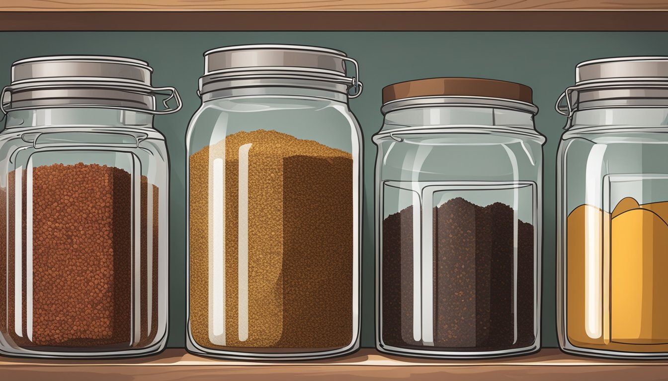 A tightly sealed jar of sumac spice on a pantry shelf, away from direct sunlight and heat sources