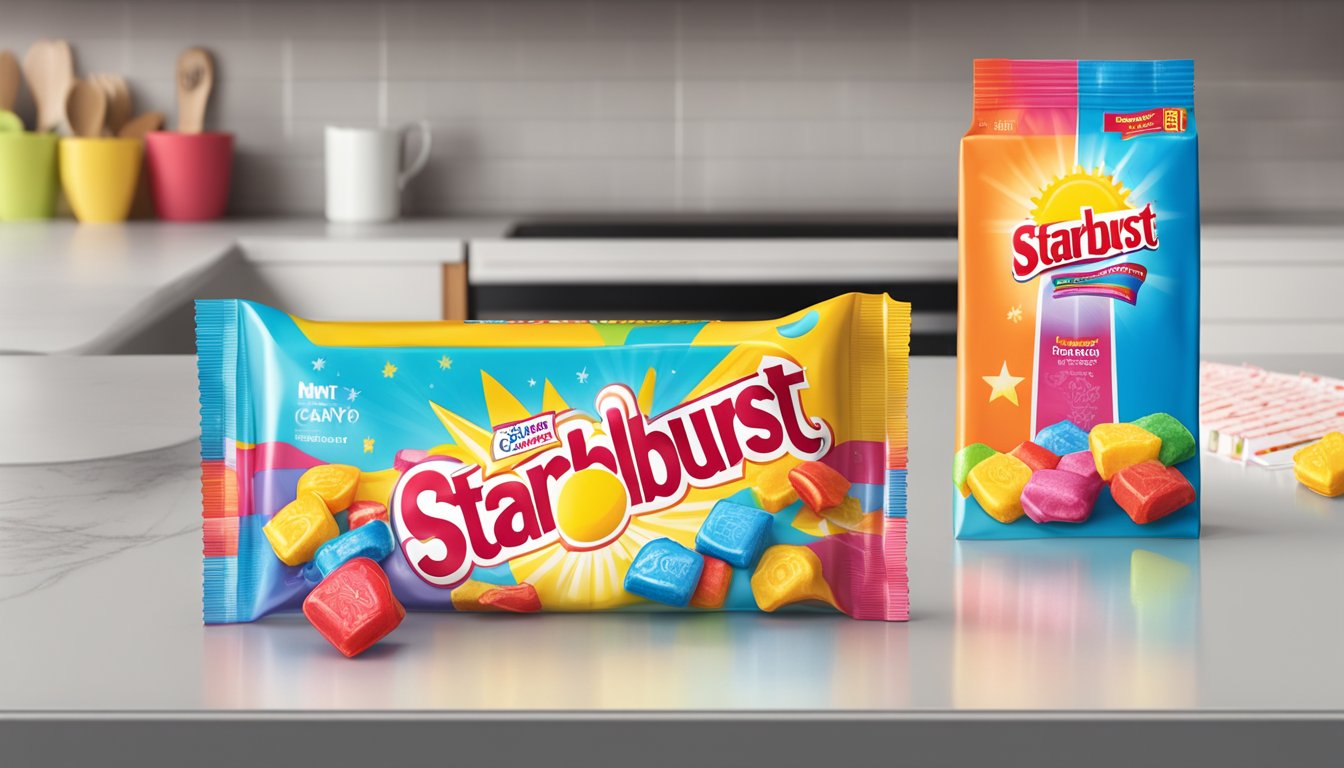 A colorful package of Starburst candy sits on a kitchen counter next to a calendar, with one candy partially unwrapped