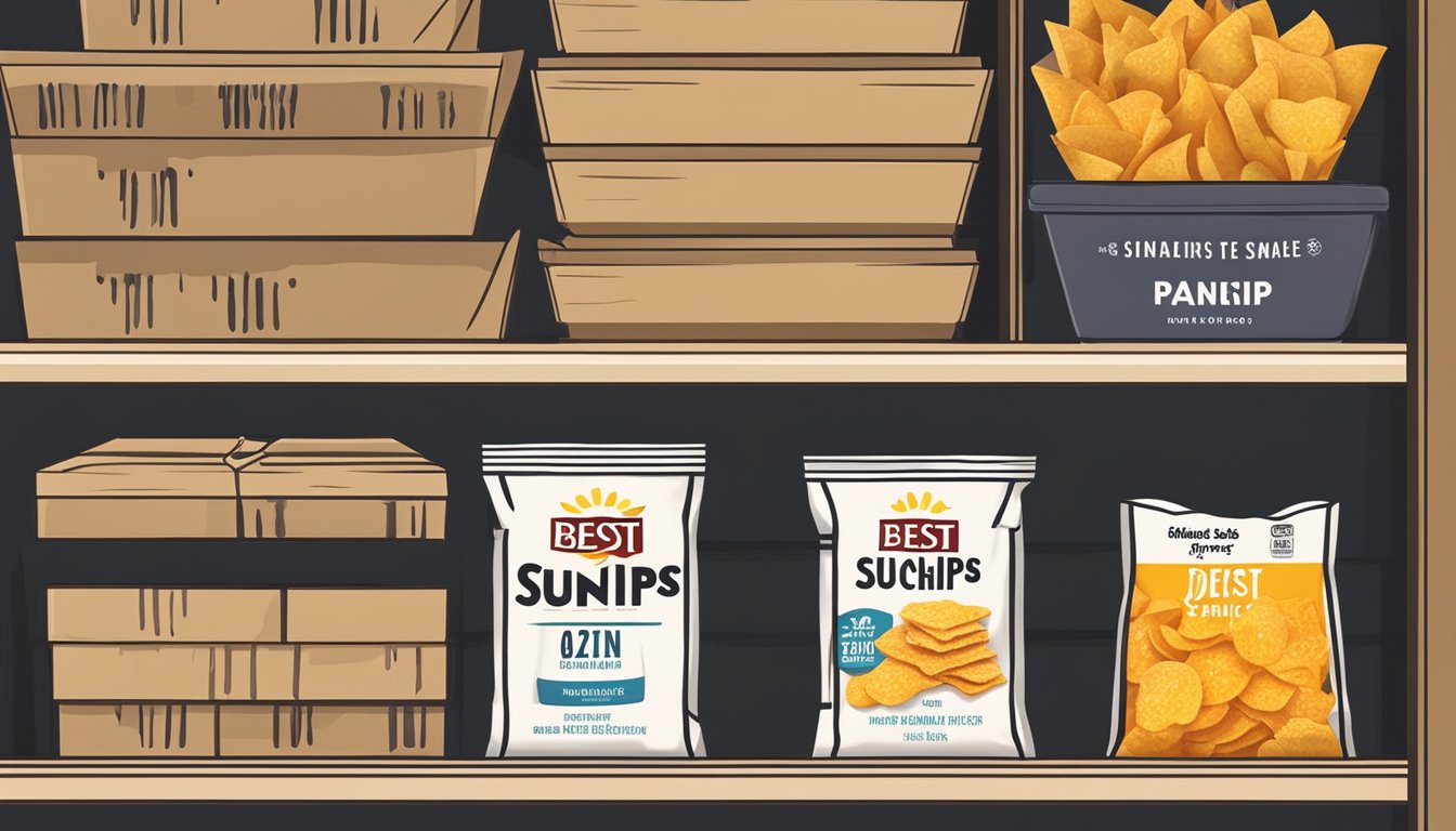 A pantry shelf with a box of SunChips next to other snacks, with a "best by" date visible on the packaging