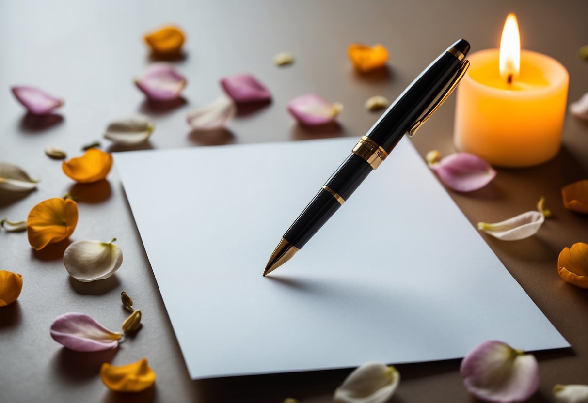 A pen poised above a blank page, surrounded by scattered petals and a flickering candle