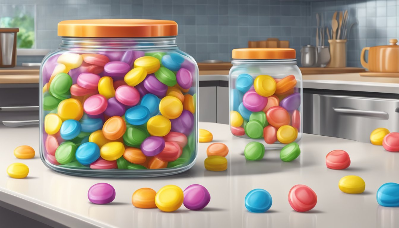 A glass jar filled with colorful Starburst candies, sealed with a lid and placed on a clean, organized kitchen counter