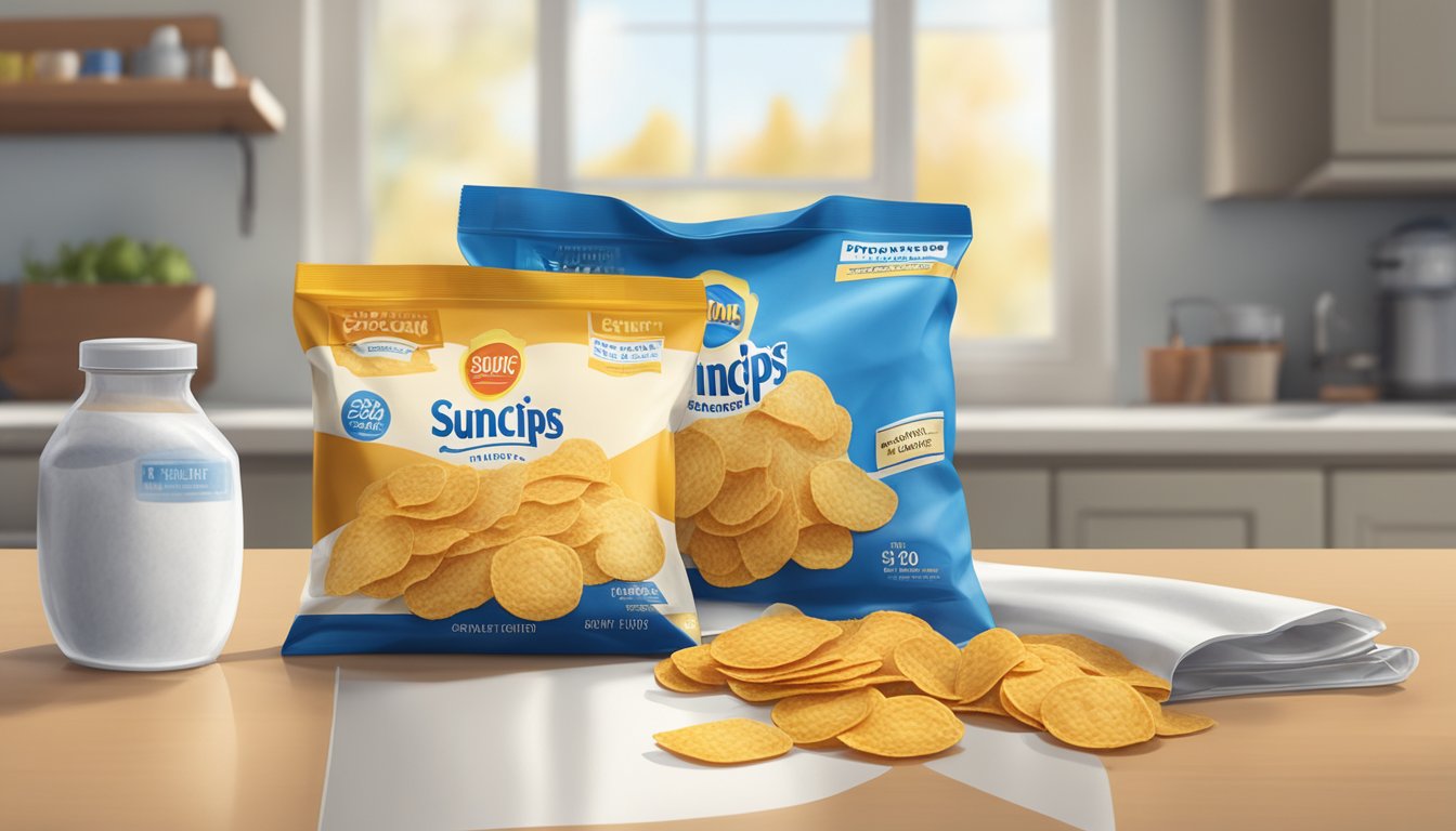 A bag of SunChips sits on a kitchen counter beside a calendar, with a visible expiration date. The room is filled with natural light from a nearby window