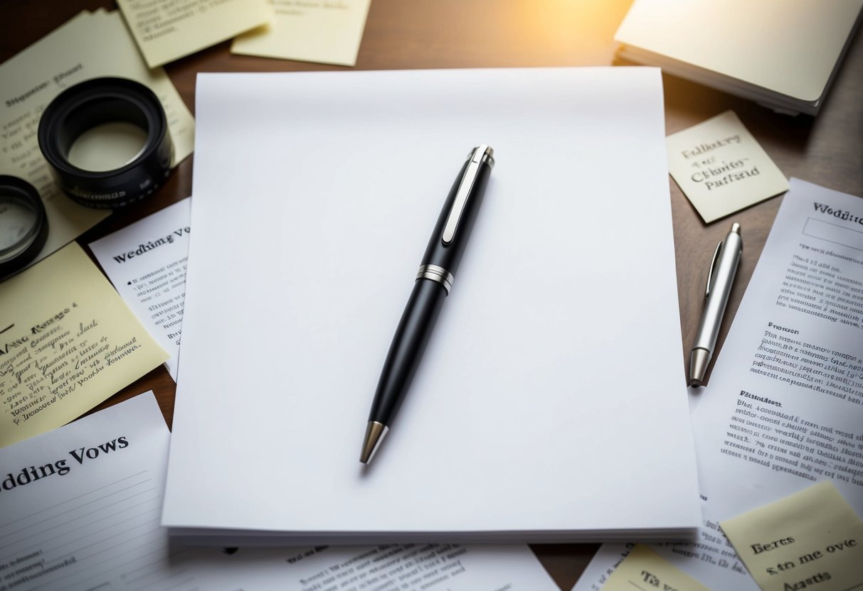 A pen poised over a blank sheet of paper, surrounded by scattered notes and reference materials on wedding vows