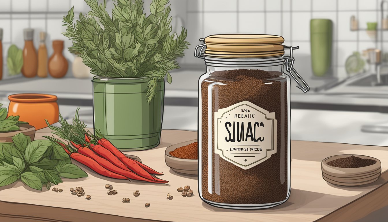 A jar of sumac spice sits on a kitchen counter, surrounded by fresh herbs and spices. The label on the jar indicates the expiration date