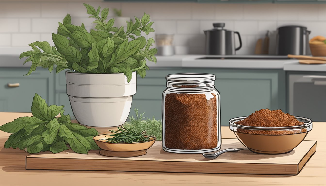 A jar of sumac spice sits on a kitchen counter, next to a cutting board with fresh herbs and a bowl of marinated chicken