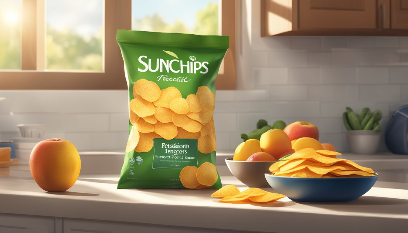 A bag of SunChips sits on a kitchen counter next to a bowl of fresh fruit. The sunlight streams in through the window, casting a warm glow on the snacks