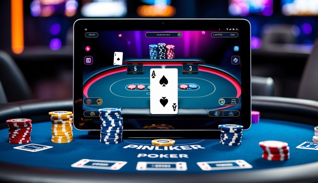 Sebuah meja poker online yang hidup dengan kartu, chip, dan antarmuka digital, dikelilingi oleh lingkungan permainan yang ramping dan modern