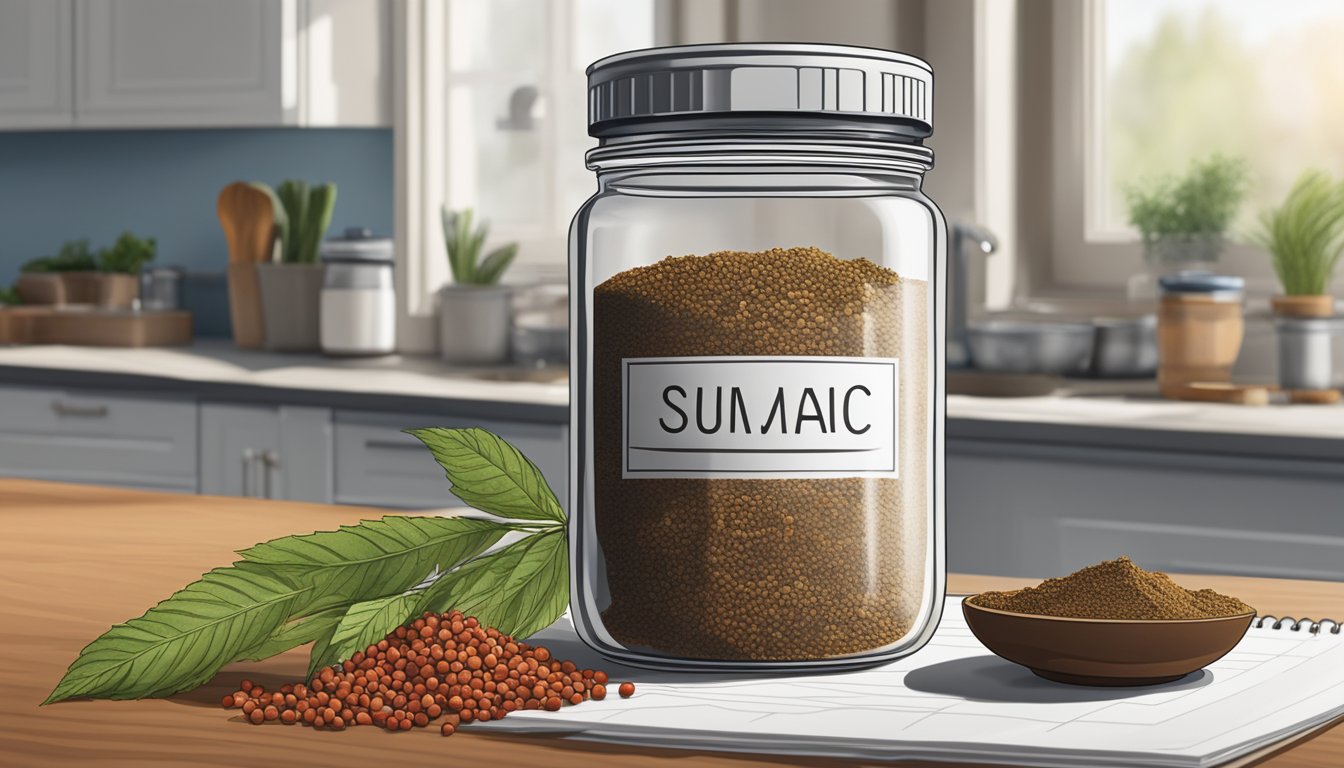 A jar of sumac sits next to other spices on a kitchen counter, with a calendar showing the current date in the background