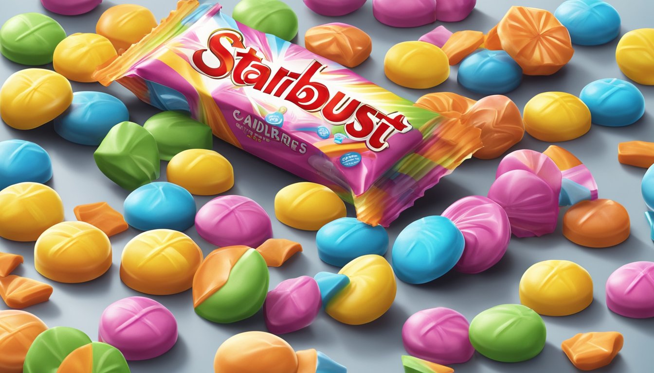 A colorful pack of Starburst candies sits on a kitchen counter, partially opened with a few pieces spilling out onto the surface