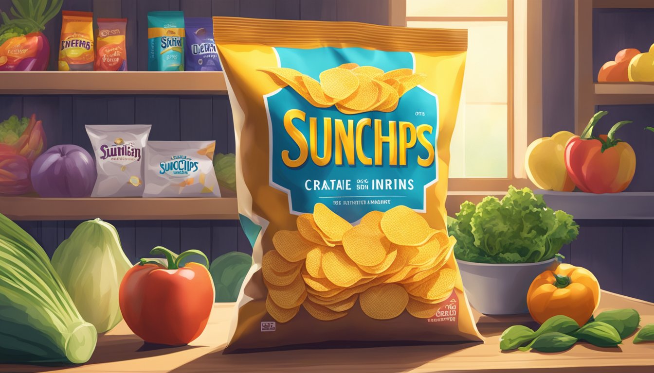 A bag of SunChips sits on a shelf, surrounded by vibrant, fresh produce. The sunlight streams in through a nearby window, highlighting the colorful packaging