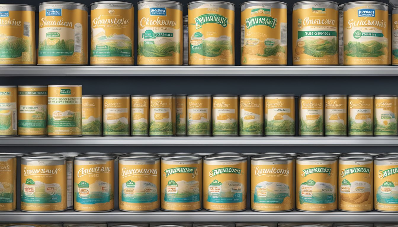 A pantry shelf with a row of Swanson Chicken Broth cans, some opened and partially used, with expiration dates visible