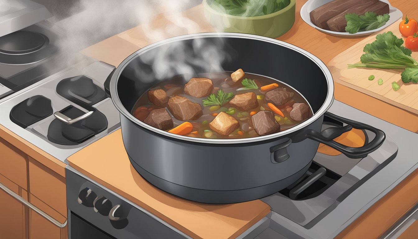 A pot of stew sits on a stove, steam rising from the bubbling mixture. Various ingredients such as meat, vegetables, and broth can be seen within the pot