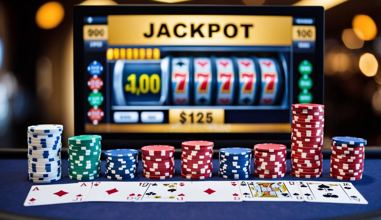 Sekelompok chip poker dan kartu yang disusun di atas meja, dengan antarmuka digital yang menampilkan hadiah jackpot besar