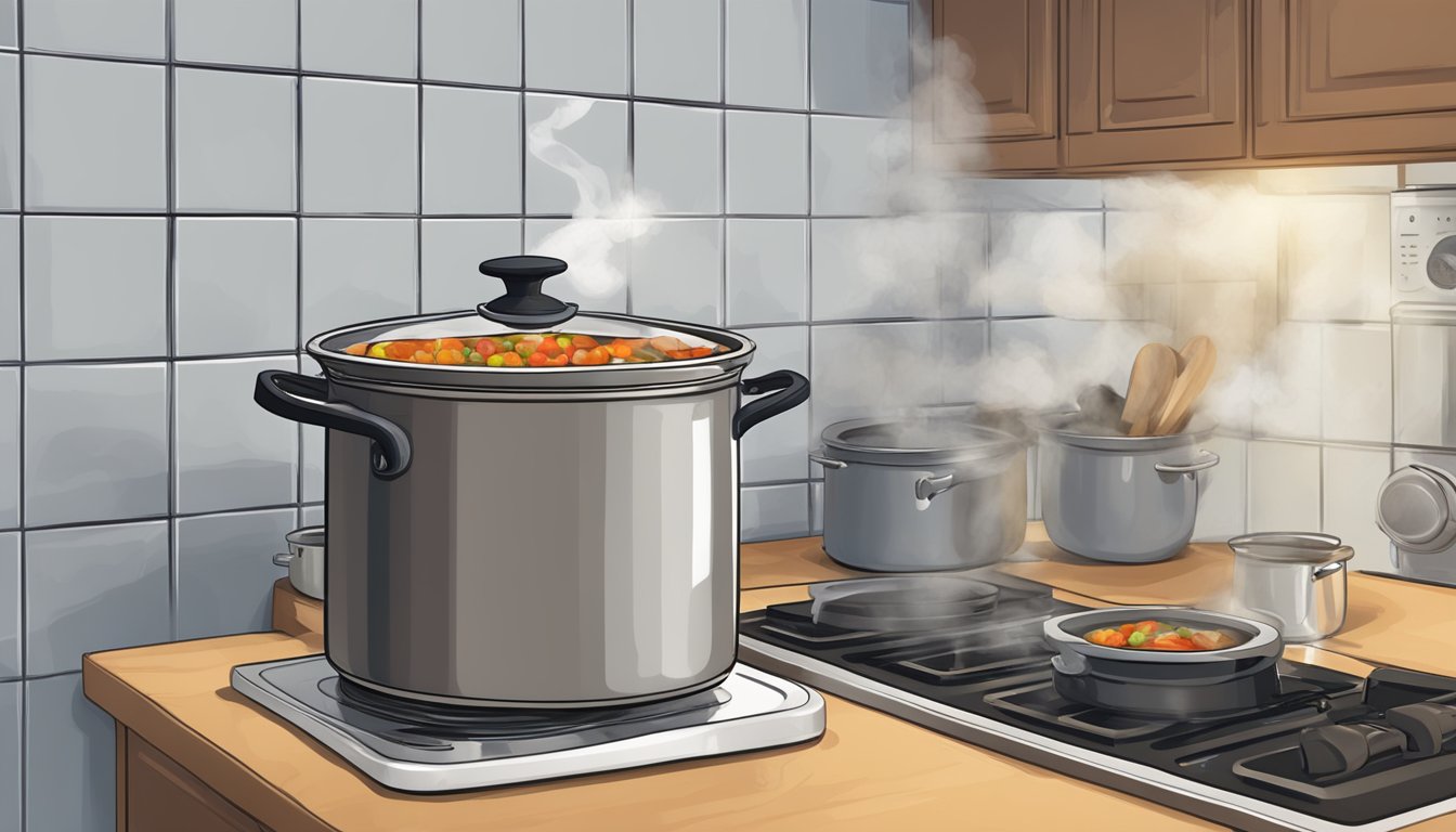 A pot of stew sits on a stovetop, steam rising from the bubbling liquid. A calendar on the wall shows the current date