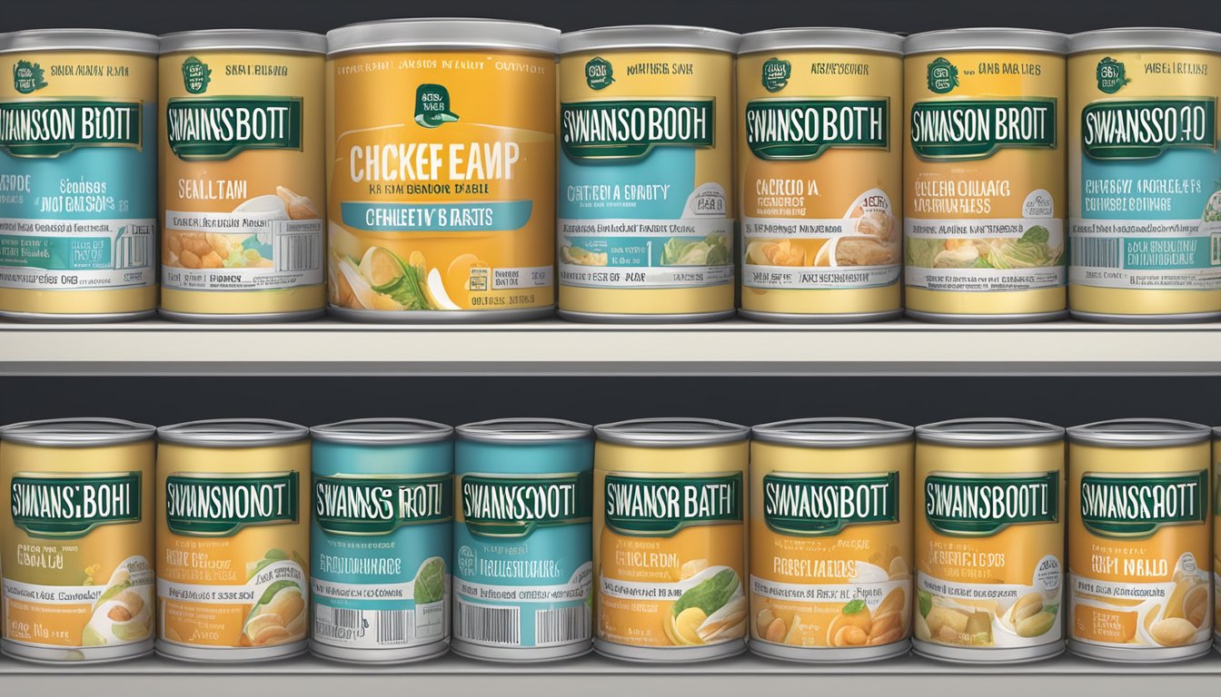 A shelf with Swanson Chicken Broth cans, expiration dates visible, surrounded by food safety labels and guidelines